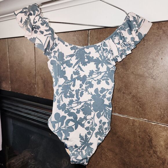 MAAJI "DUSK TIL DAWN" Sz M Floral Leaves Print Ruffle Shoulders Logo Swimsuit - Picture 2 of 7